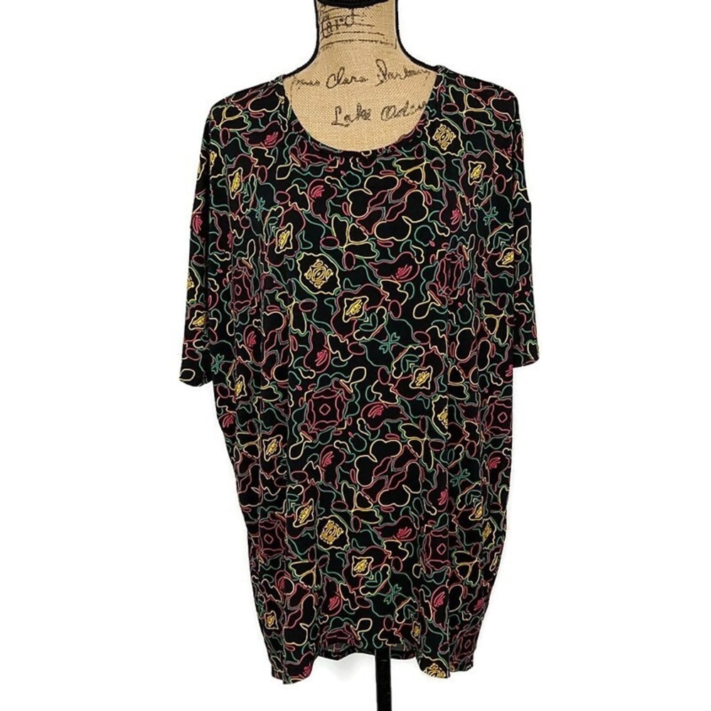 LuLaRoe‎ Carly Tunic Dress Women Medium Black Neon Floral Outline Short Sleeve